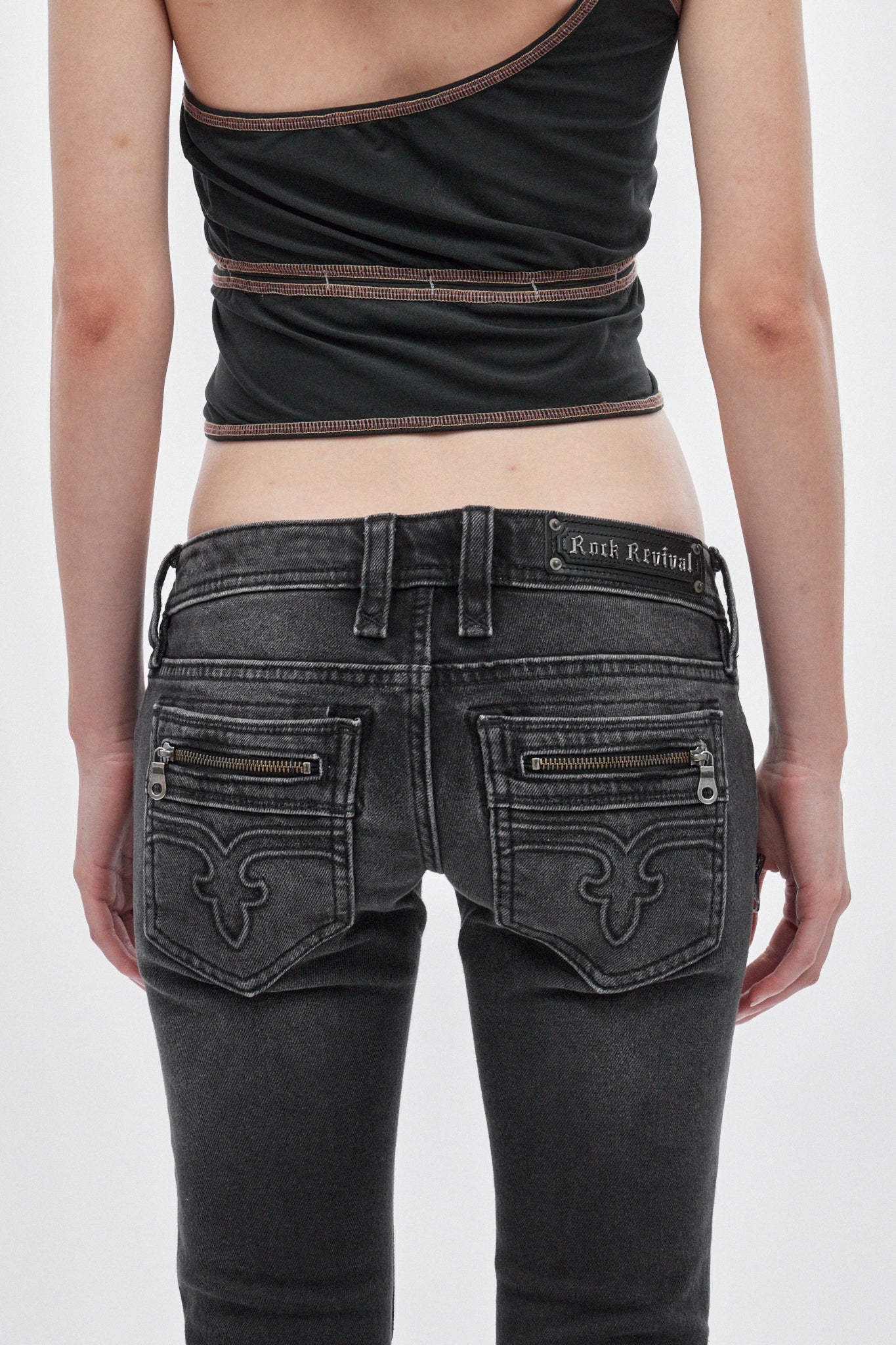 Heather Super Low-Rise Rocker Bootcut Jeans in Black Shadow