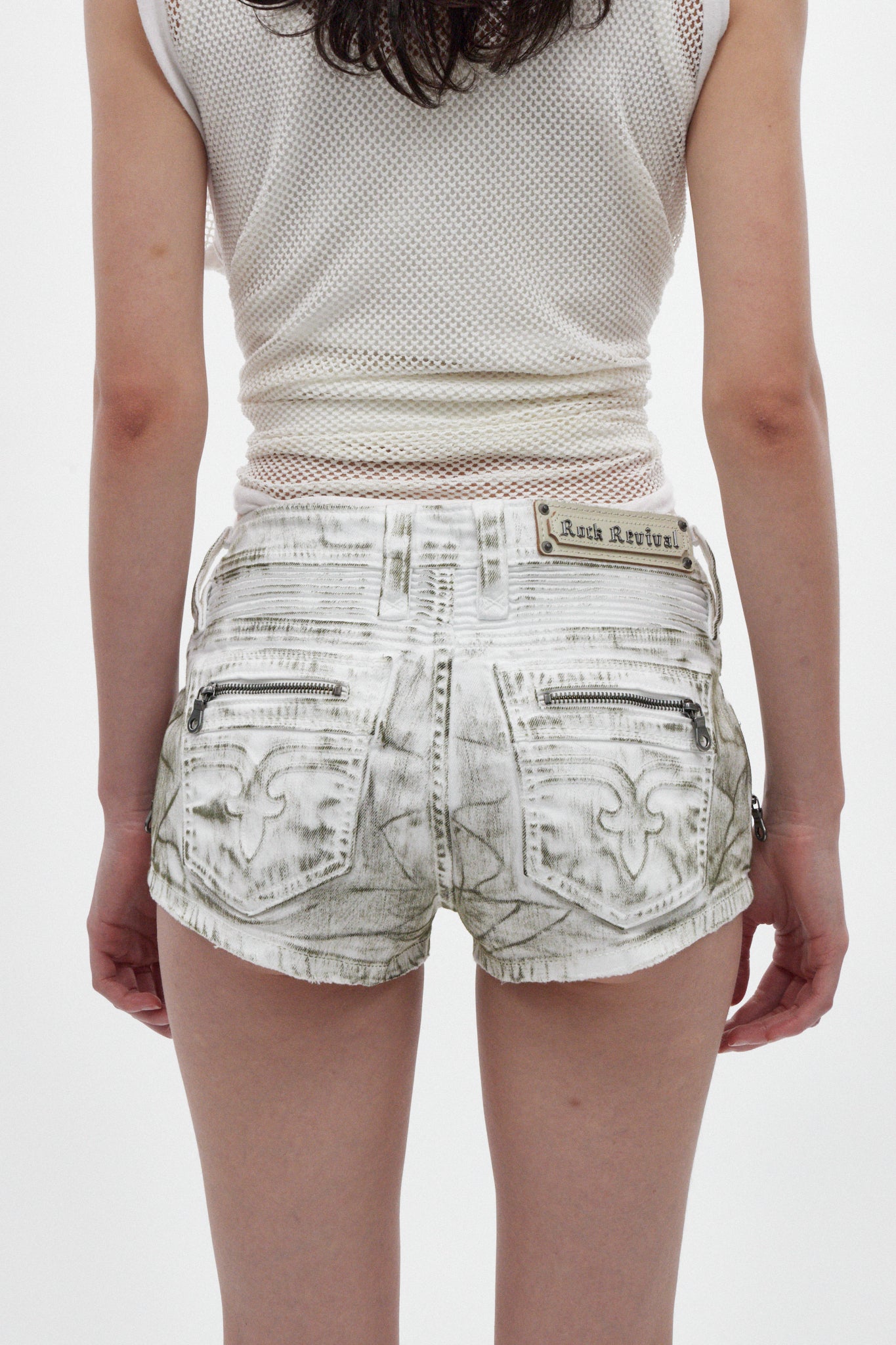Janis Super-Low Mini Denim Shorts in Riot Frost. Clear Coating
