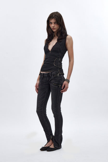 Camille Super Low-Rise Moto Skinny Jean in Charcoal Black