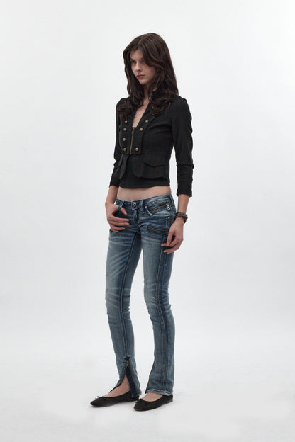 Camille Super Low-Rise Moto Skinny Jean in Medium Blue