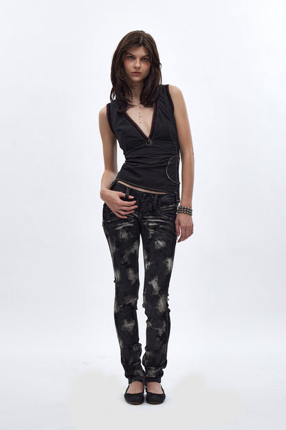 Camille Super Low-Rise Moto Skinny Jean in Black Granite. Black Coating