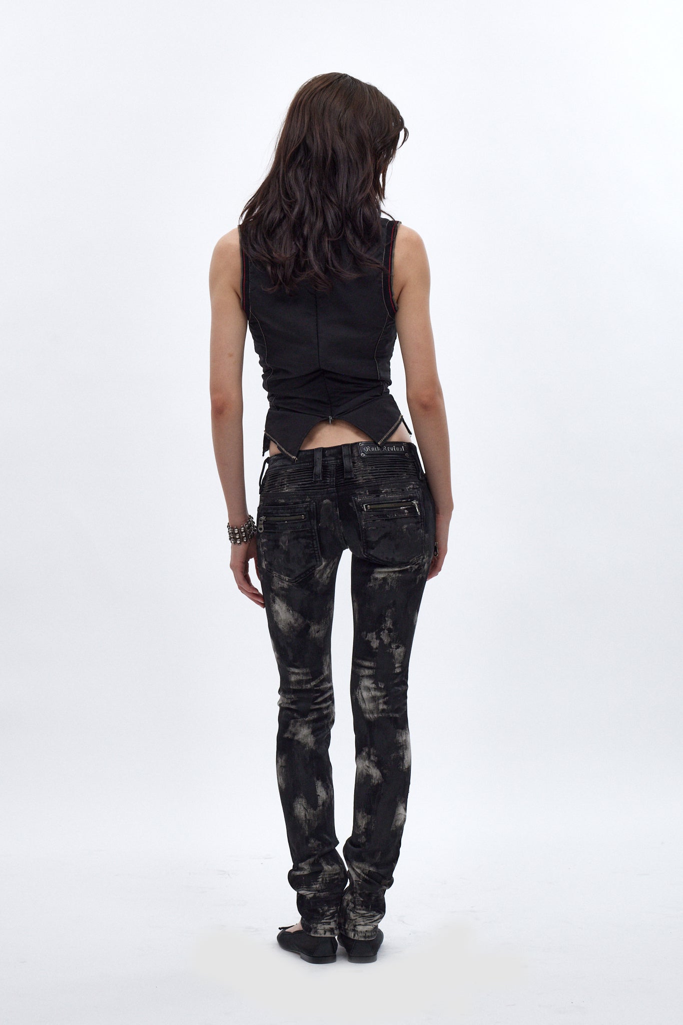 Camille Super Low-Rise Moto Skinny Jean in Black Granite. Black Coating