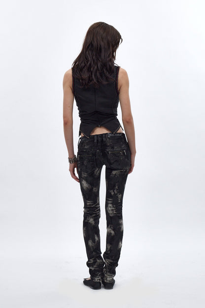 Camille Super Low-Rise Moto Skinny Jean in Black Granite. Black Coating