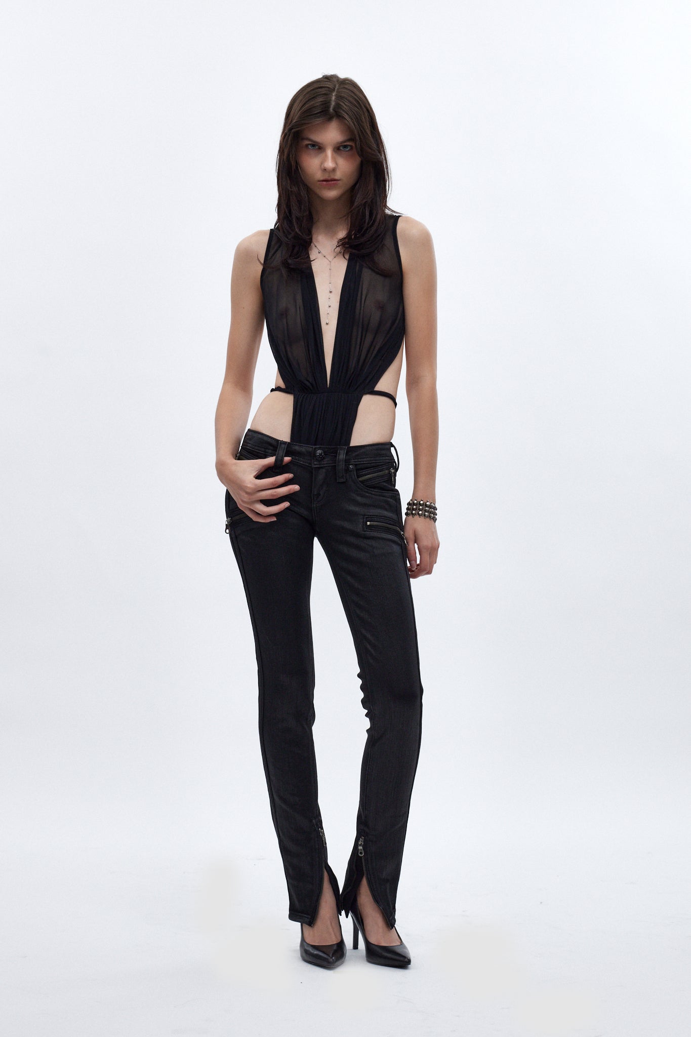 Camille Super Low-Rise Moto Skinny Jean in Black Coating