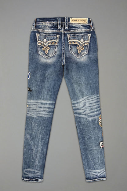 Colleen Skinny Jeans in Medium Blue with Patchwork