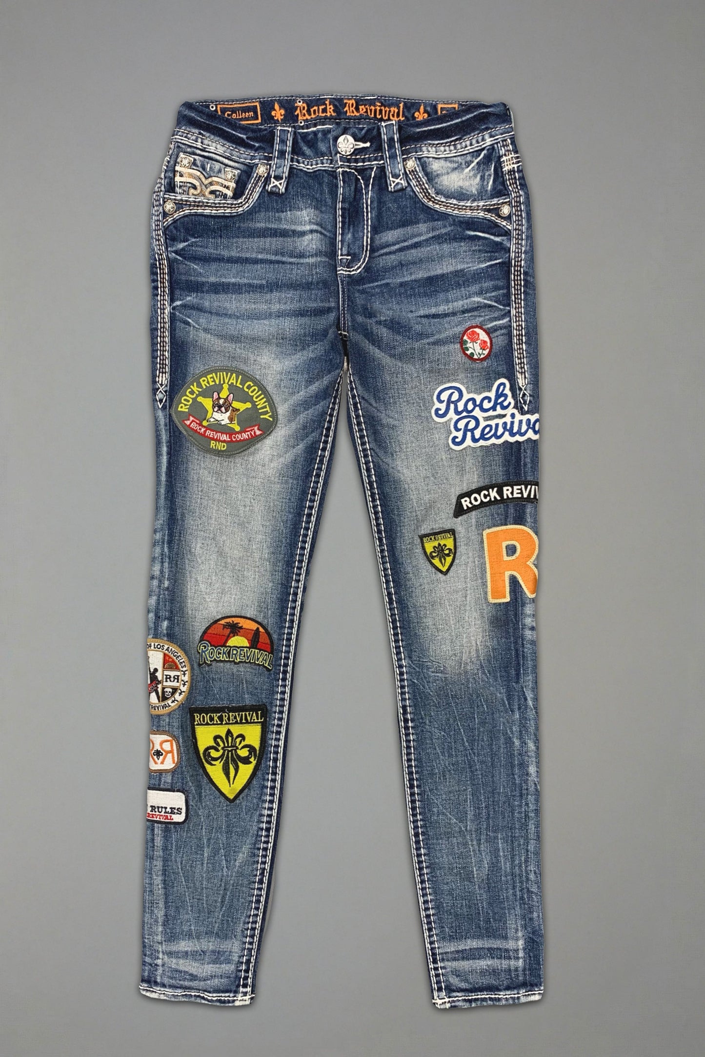 Colleen Skinny Jeans in Medium Blue with Patchwork