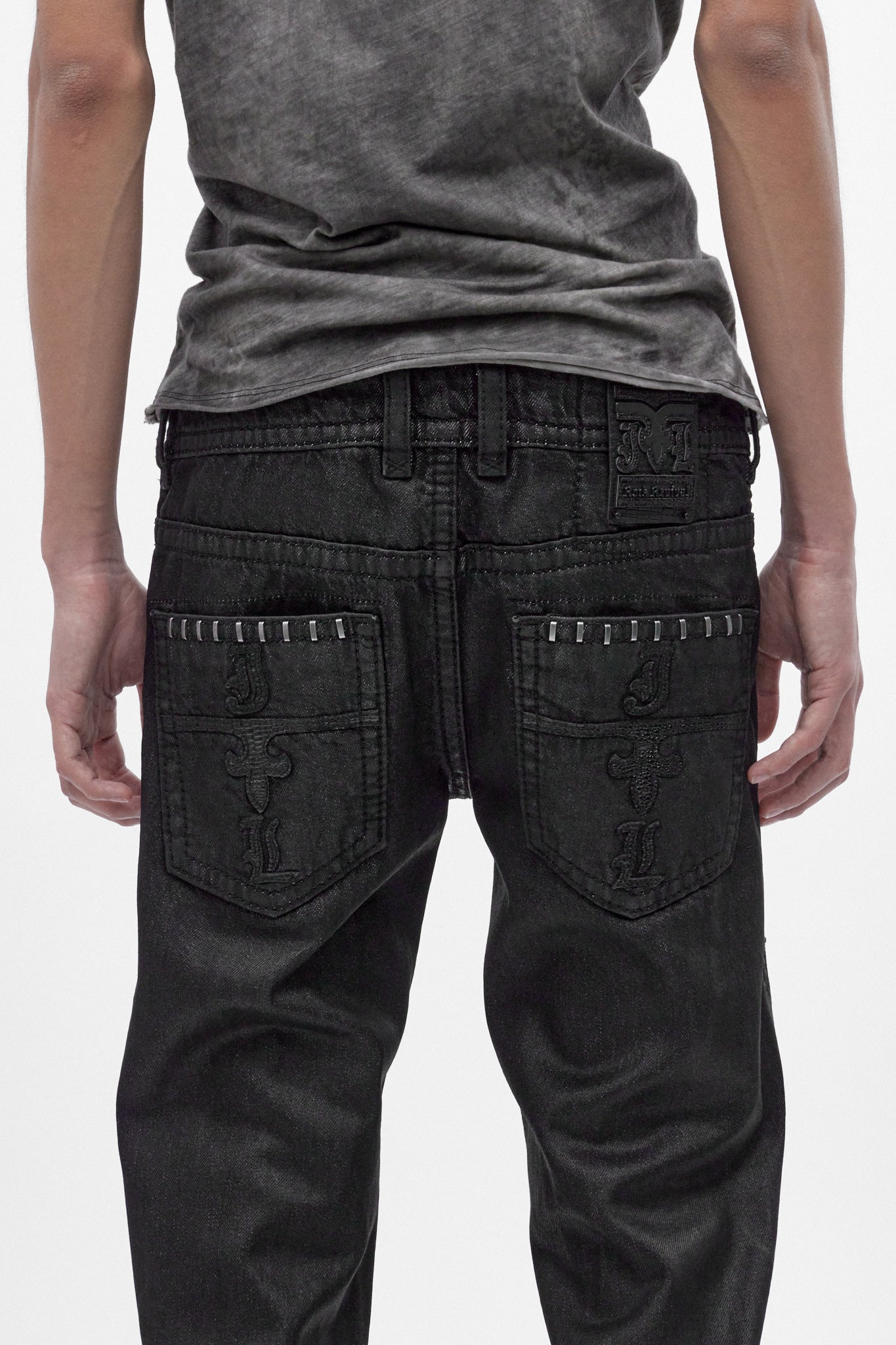 Rock Revival by Jaded London Staple Flare Jeans in Black Coating (M)