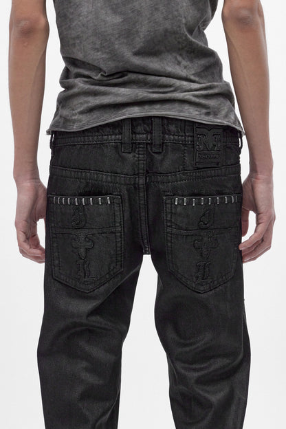 Rock Revival by Jaded London Staple Flare Jeans in Black Coating (M)