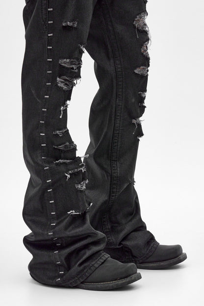 Rock Revival by Jaded London Staple Flare Jeans in Black Coating (M)
