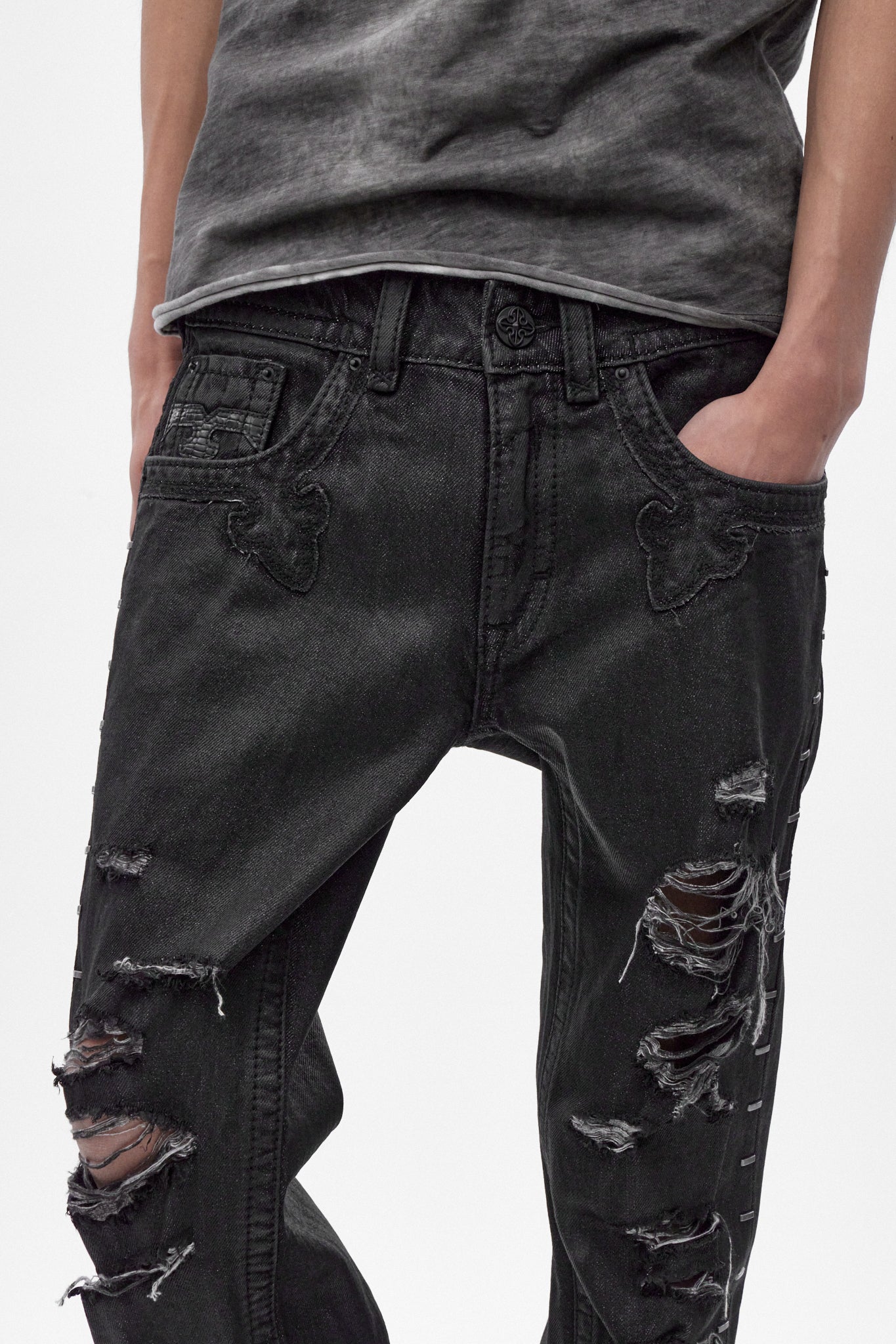 Rock Revival by Jaded London Staple Flare Jeans in Black Coating (M)