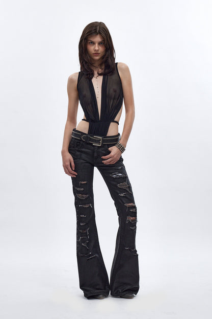 Rock Revival by Jaded London Staple Flare Jeans in Black Coating (W)