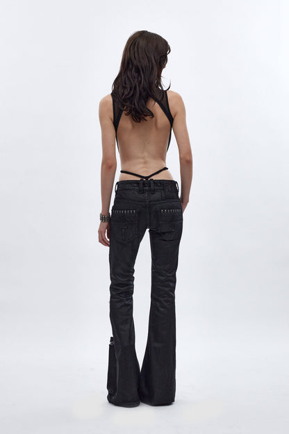 Rock Revival by Jaded London Staple Flare Jeans in Black Coating (W)