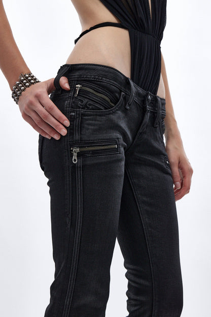 Joplin Super Low-Rise Flare Jeans in Black Coating