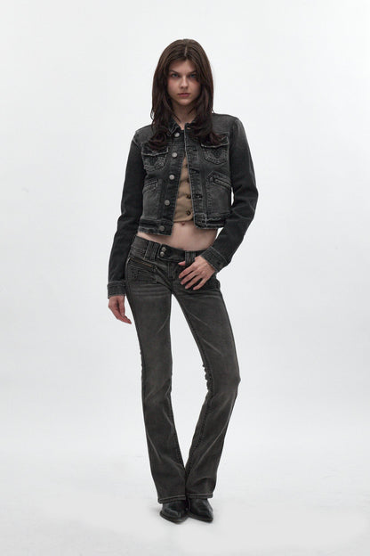 Gwen Cropped Fitted Denim Jacket in Black Washed