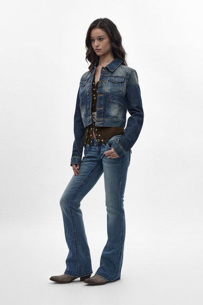 Gwen Cropped Fitted Denim Jacket in Desert Sand