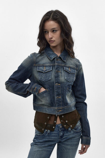 Gwen Cropped Fitted Denim Jacket in Desert Sand