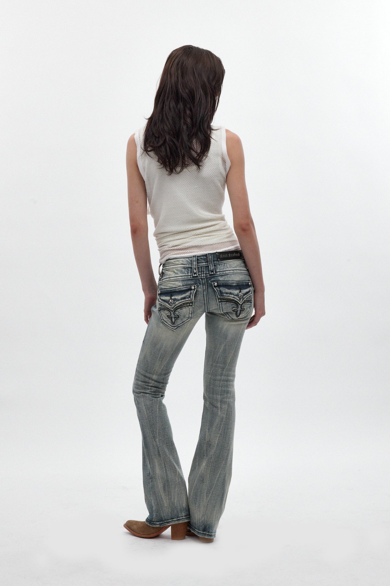 Gwen Super Low-Rise Bootcut Jeans in Stonewash Blue