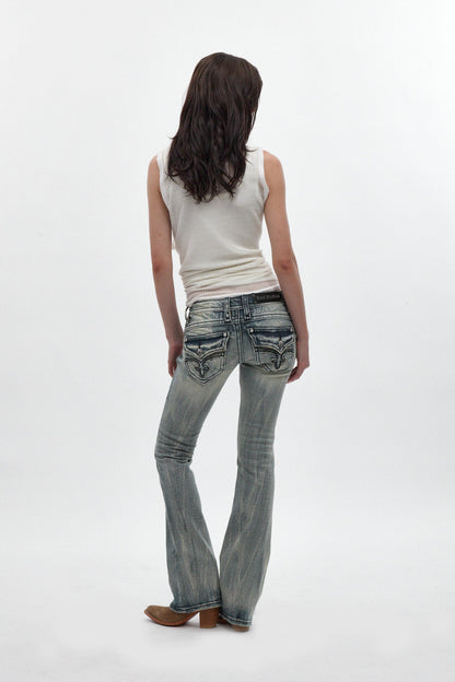 Gwen Super Low-Rise Bootcut Jeans in Stonewash Blue