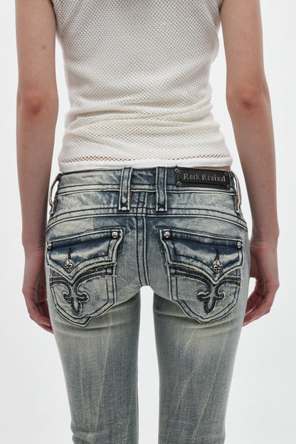 Gwen Super Low-Rise Bootcut Jeans in Stonewash Blue
