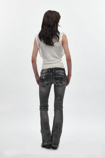 Gwen Super Low-Rise Bootcut Jeans in Black Dusk Fade