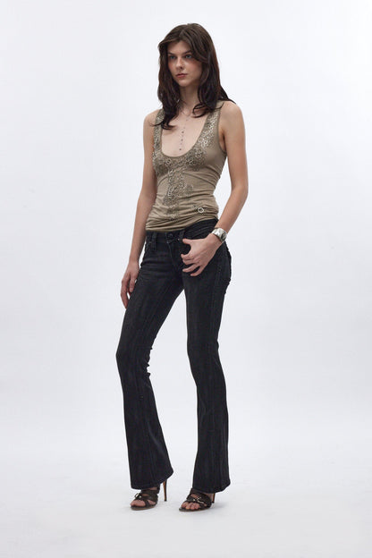 Gwen Super Low-Rise Bootcut Jeans in Black Fade Coating