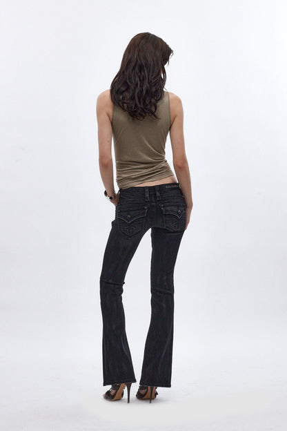 Gwen Super Low-Rise Bootcut Jeans in Black Fade Coating
