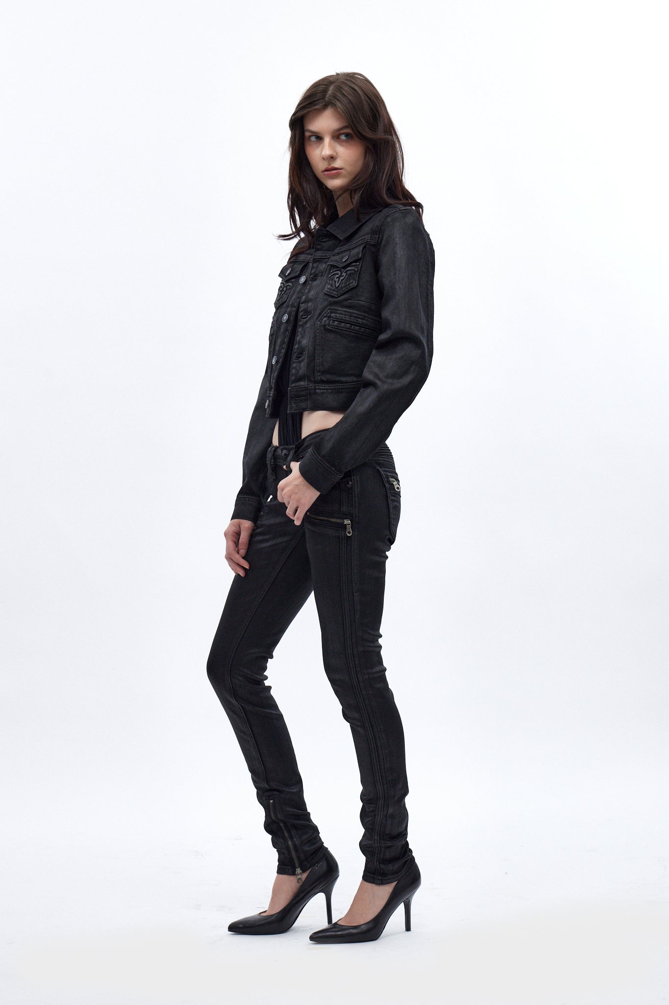 Gwen Cropped Fitted Denim Jacket in Black Coating
