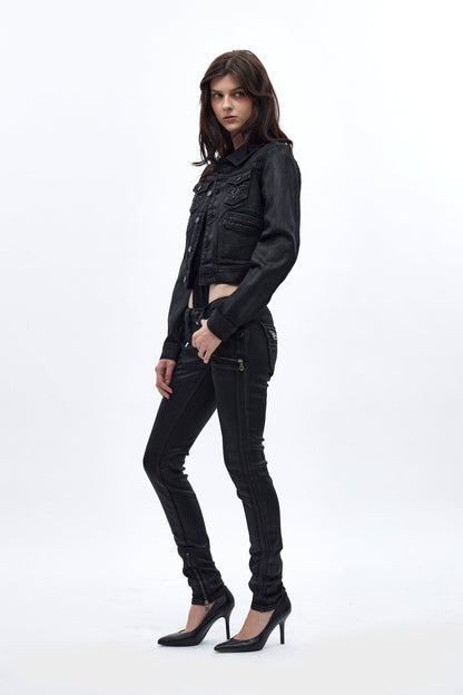 Gwen Cropped Fitted Denim Jacket in Black Coating