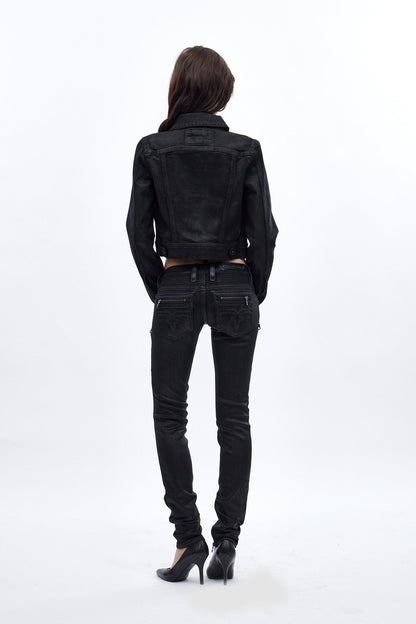 Gwen Cropped Fitted Denim Jacket in Black Coating