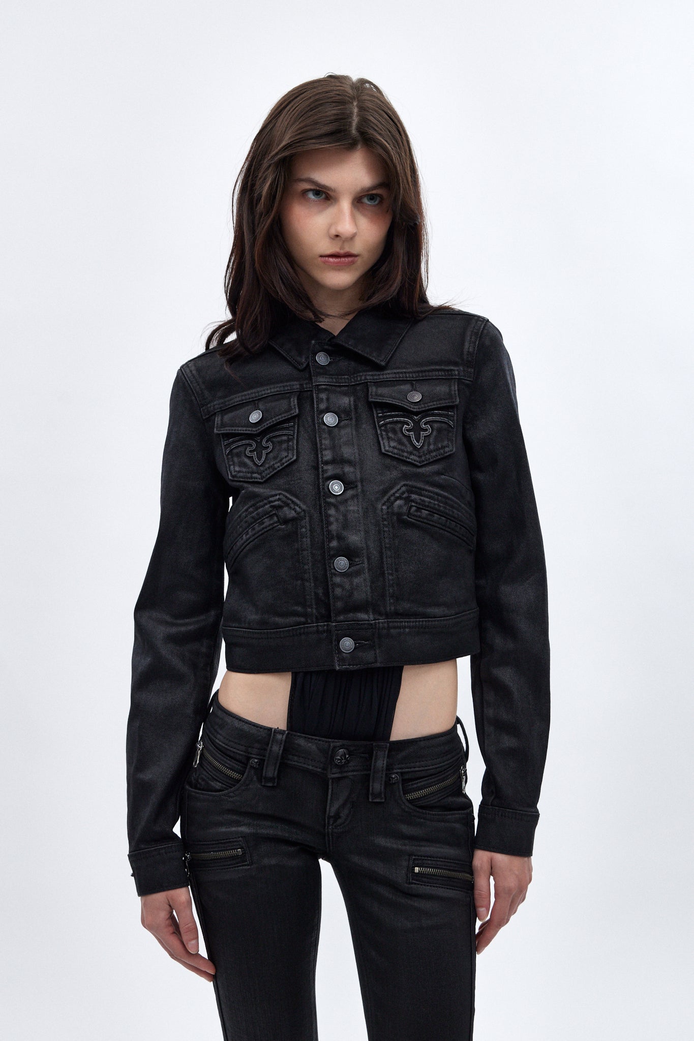 Gwen Cropped Fitted Denim Jacket in Black Coating