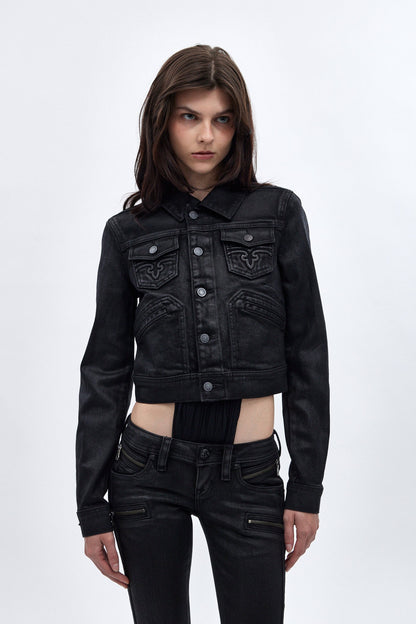 Gwen Cropped Fitted Denim Jacket in Black Coating