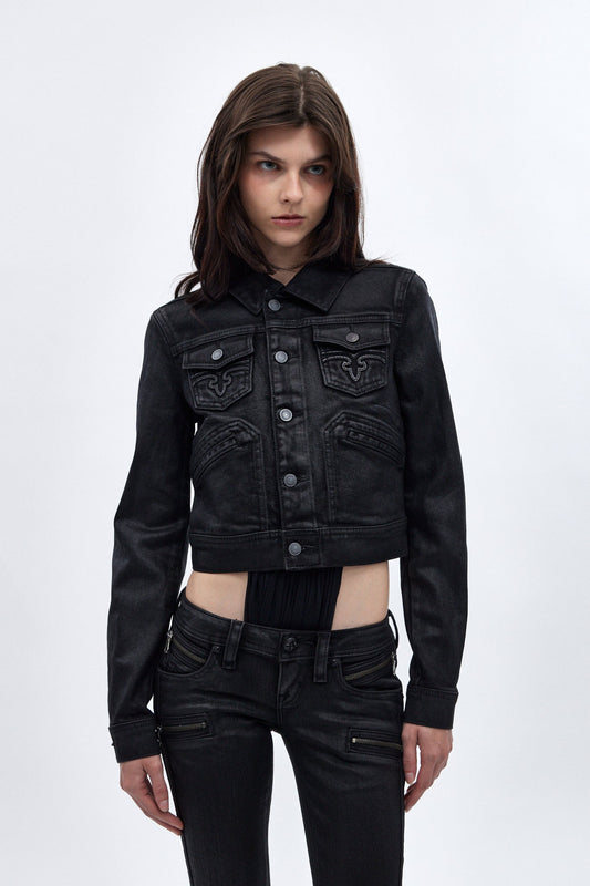 Gwen Cropped Fitted Denim Jacket in Black Coating