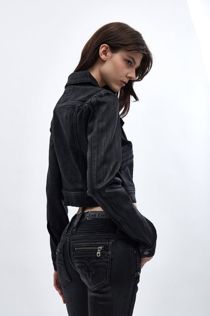 Gwen Cropped Fitted Denim Jacket in Black Coating
