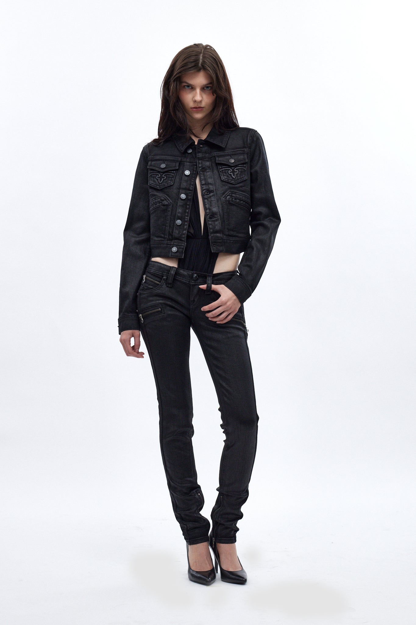 Gwen Cropped Fitted Denim Jacket in Black Coating