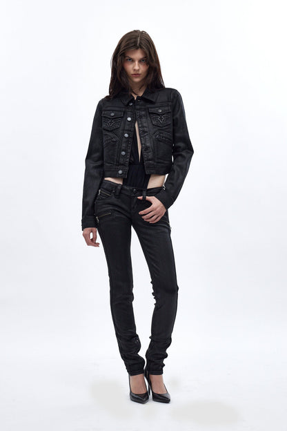 Gwen Cropped Fitted Denim Jacket in Black Coating