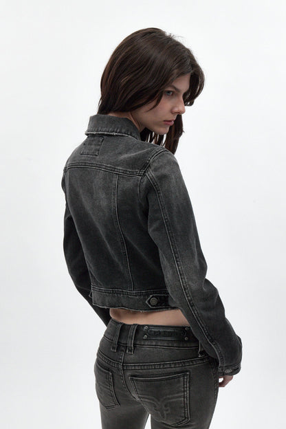 Gwen Cropped Fitted Denim Jacket in Black Washed