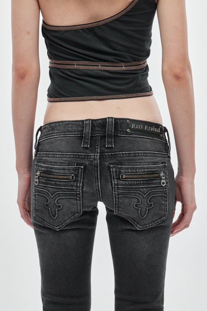 Heather Super Low-Rise Rocker Bootcut Jeans in Black Shadow