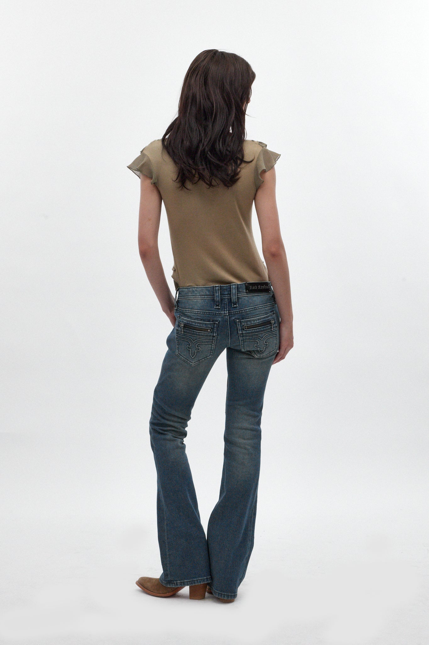 Heather Super Low-Rise Rocker Bootcut Jeans in Medium Blue