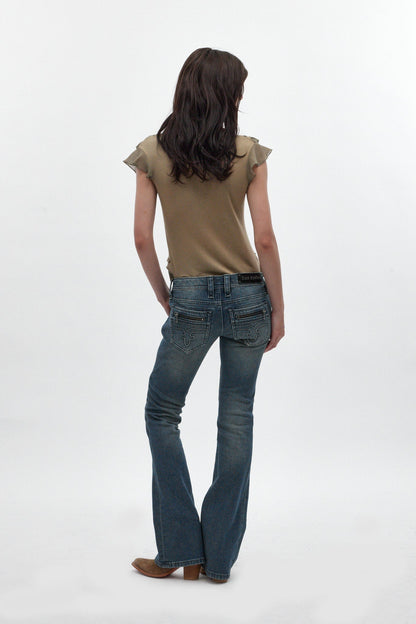 Heather Super Low-Rise Rocker Bootcut Jeans in Medium Blue