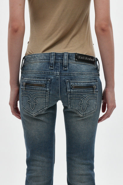 Heather Super Low-Rise Rocker Bootcut Jeans in Medium Blue