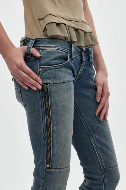 Heather Super Low-Rise Rocker Bootcut Jeans in Medium Blue