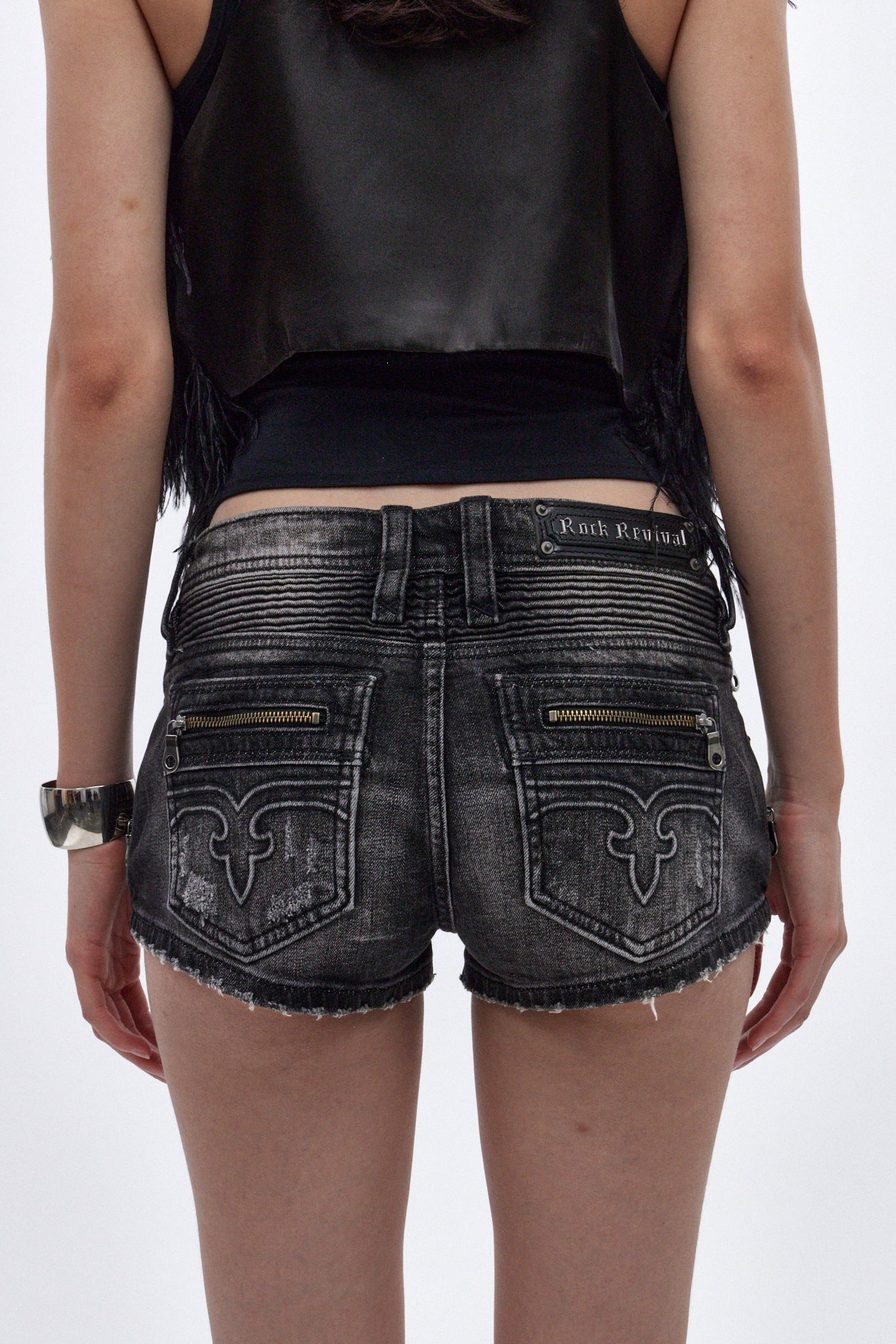 Janis Super-Low Mini Denim Shorts in Faded Black