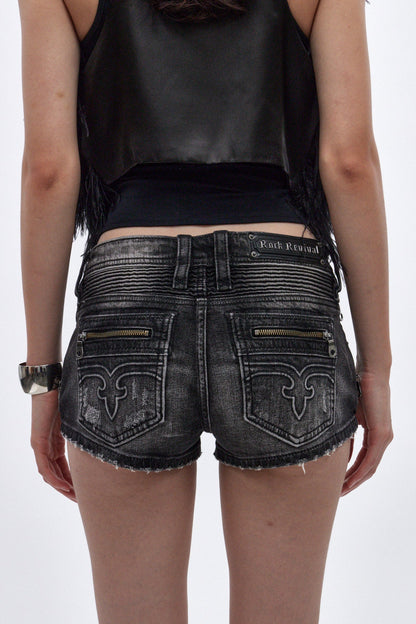 Janis Super-Low Mini Denim Shorts in Faded Black