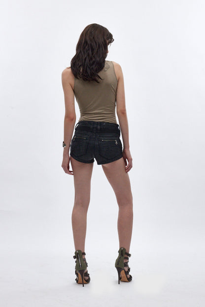 Janis Super-Low Mini Denim Shorts in Blue denim Black Coating