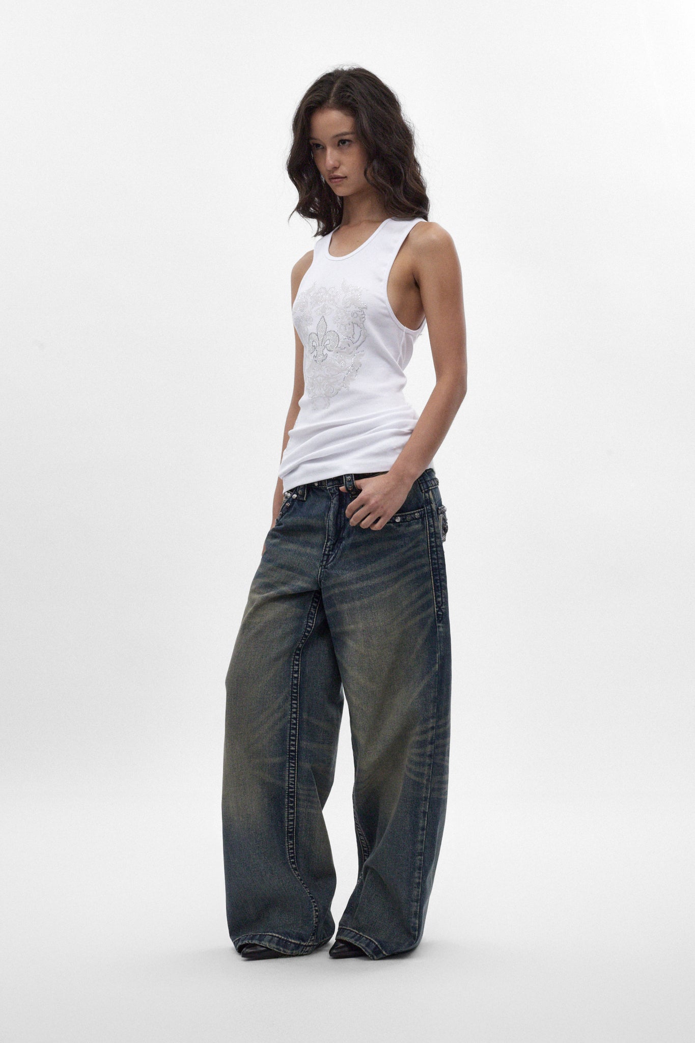 Rock Revival by Jaded London Rhinestone Fleur de Lis Vest Top (W)