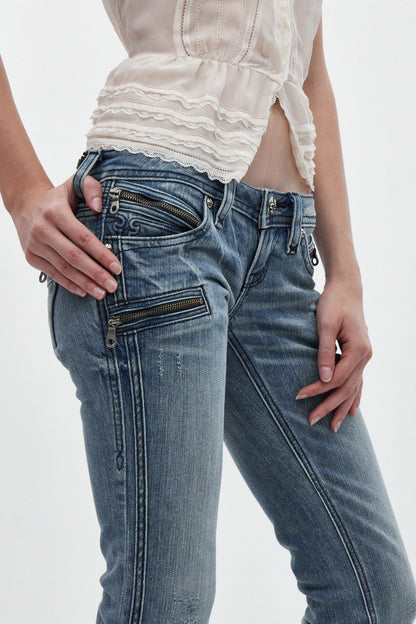Kamil Super Low-Rise Bootcut Jeans in Medium Blue