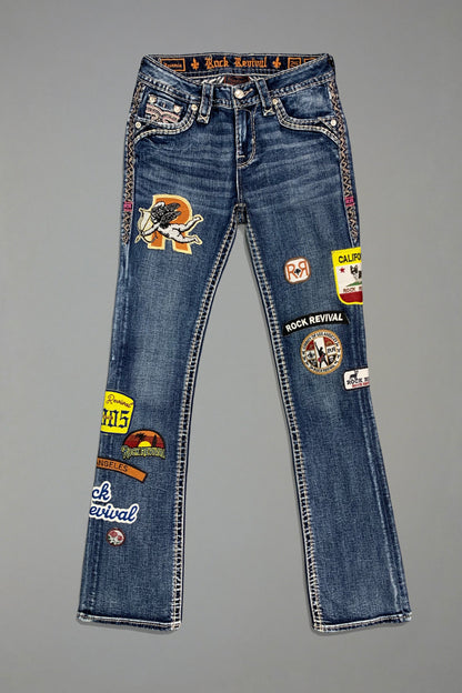 Rosemia Bootcut Jeans in Blue with Patchwork