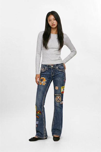 Rosemia Bootcut Jeans in Blue with Patchwork