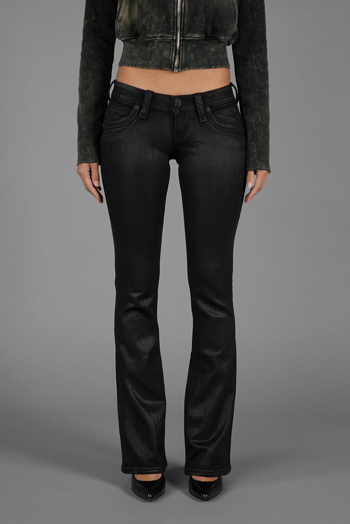 Gwen Black Super Low-Rise Bootcut Jeans in Black Coating