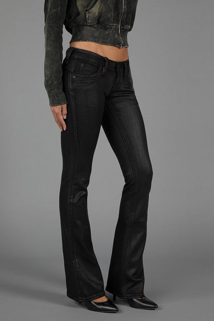 Gwen Black Super Low-Rise Bootcut Jeans in Black Coating
